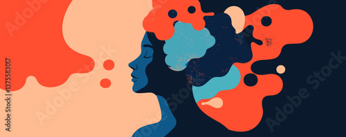 Abstract silhouette with colorful organic shapes flowing from mind, vector.