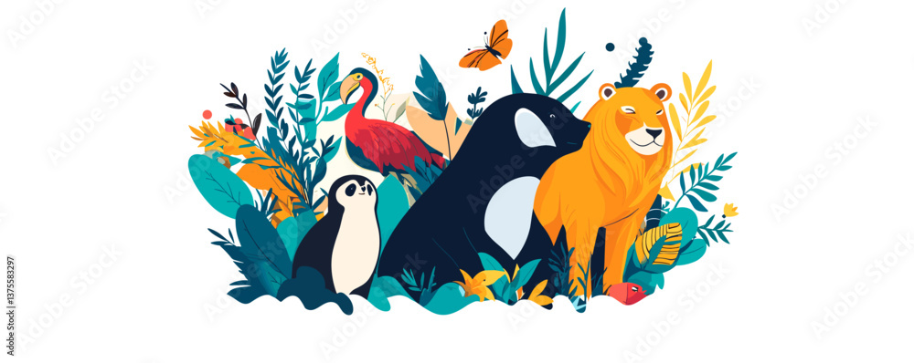 Wildlife gathering: penguin, toucan, lion, and butterfly in vibrant nature scene - vector. Wildlife gathering: penguin, toucan, lion, and butterfly in vibrant nature scene - vector.