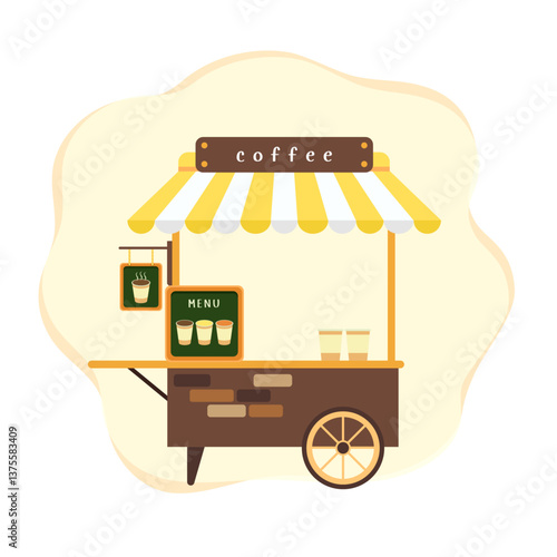 Street vendor, kiosk illustration design selling cafe, drinks, tea, coffee, hot drinks. Vector illustration.