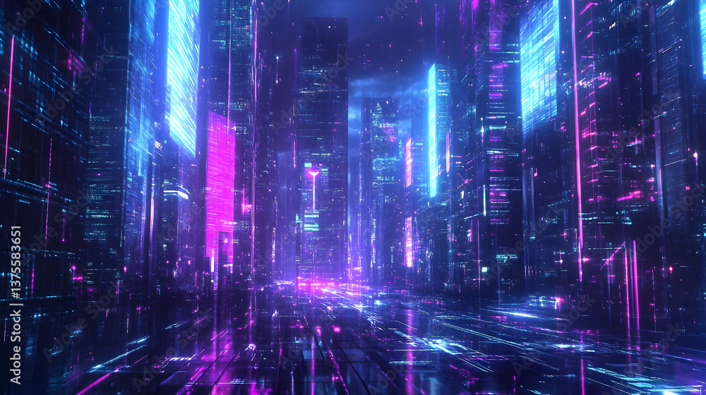 A neon-drenched cyberpunk city at night, pulsating with vibrant energy and digital rain, showcasing a futuristic streetscape in glowing purple and blue hues. A neon-drenched cyberpunk city at night, pulsating with vibrant energy and digital rain, showcasing a futuristic streetscape in glowing purple and blue hues.