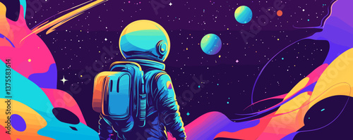 Colorful cosmic journey with astronaut observing planets in space – vector.