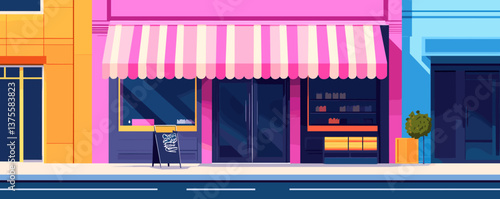Colorful urban bakery storefront with striped awning and display window - vector.