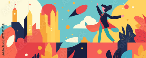 Business leader in cape overlooking city skyline with hot air balloon – vector.