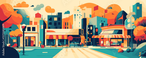 Colorful urban street scene with modern buildings and trees, autumn cityscape - vector.