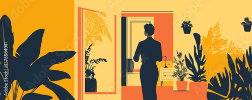 Woman admiring indoor jungle in stylish living room with plants and mirror reflection - vector.