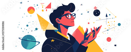 Cosmic dreamer: person gazing at stars and planets in abstract space background, vector.