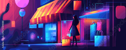 Woman shopping at night in vibrant city street, colorful lights scene - vector.