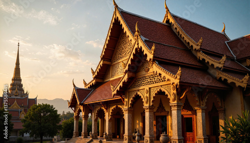 Wallpaper Mural Majestic Thai temple illuminated by sunset against clear sky   Torontodigital.ca