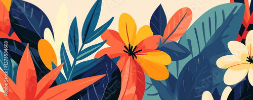 Vibrant tropical floral pattern with lush leaves and bright blooms - vector.