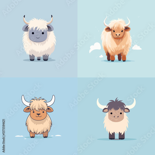 Set of cute cartoon yaks with fluffy fur and pastel backgrounds. Perfect for animal illustrations, kids’ books, wildlife graphics, mountain themes, and educational content.

