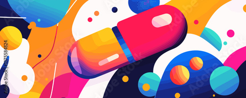 Colorful abstract capsule amidst vibrant shapes and patterns vector.