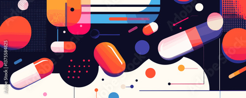 Abstract geometric design with colorful capsules and shapes on dark background, vector.