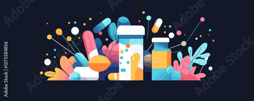 Colorful abstract medical composition with pills and bottles, bright leaves, and shapes - vector.