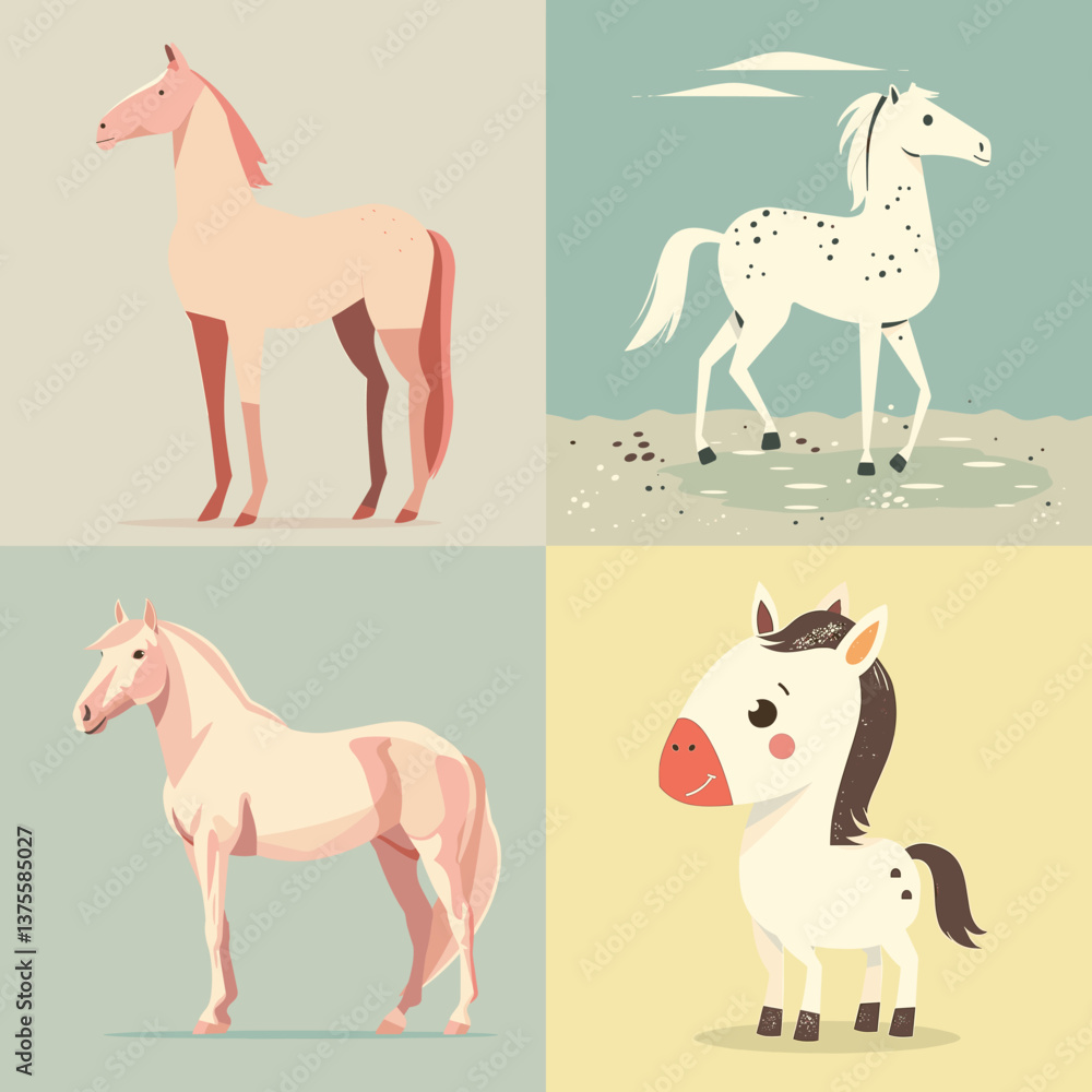Obraz premium Set of cartoon and stylized horses in various poses and backgrounds. Perfect for farm themes, kids’ books, animal illustrations, equestrian graphics, and educational content.