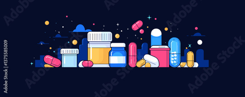 Various medicine containers and pills on night sky background vector.