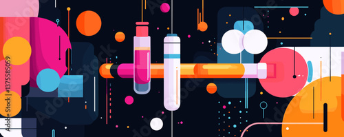 Abstract scientific test tubes and geometric shapes on dark background - vector.