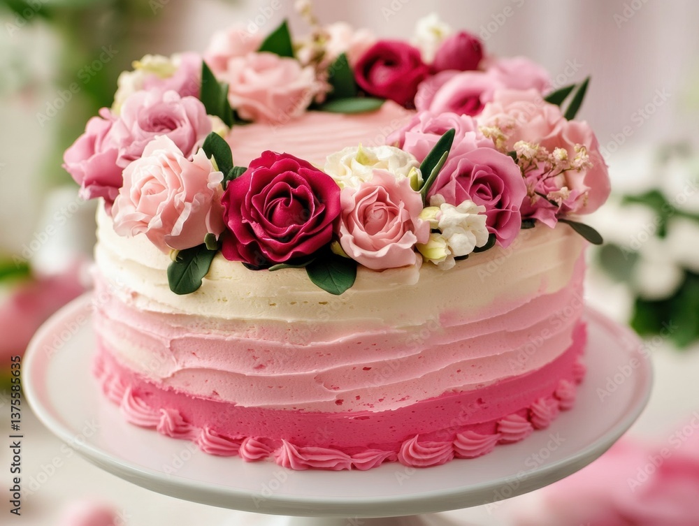 Fototapeta premium Elegant cake decorated with pink and white roses for celebration