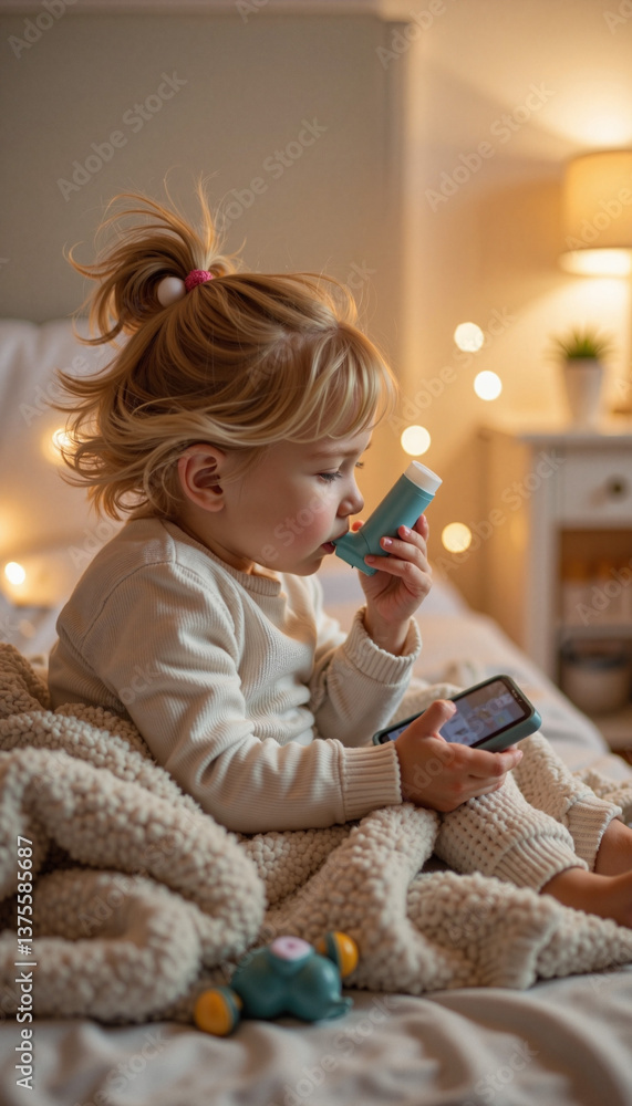 Fototapeta premium Toddler using inhaler while focused on tablet in cozy bedroom, health awareness