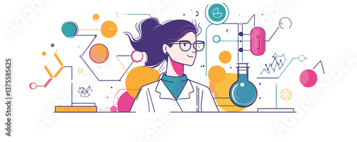Female scientist surrounded by colorful scientific elements and formulas in a modern style - vector.