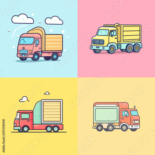Set of colorful cartoon trucks in various styles with bright backgrounds. Great for kids’ illustrations, transportation themes, logistics icons, and educational design projects.

