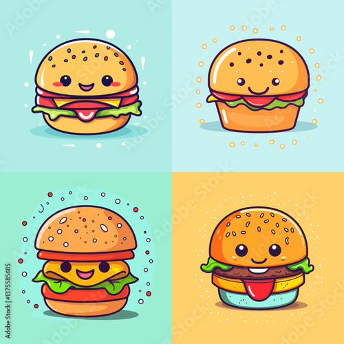 Set of cute cartoon burgers with smiling faces and colorful backgrounds. Perfect for food-themed designs, kids' illustrations, menus, fast food graphics, and playful branding.

