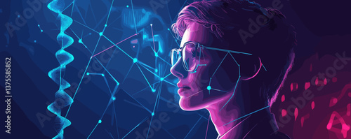 Futuristic human profile with digital connections and neon colors vector.