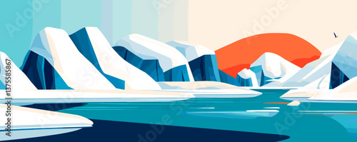 Vibrant arctic landscape with icebergs and sunset reflections - vector.