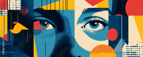 Abstract geometric portrait with colorful patterns and expressive eyes vector.
