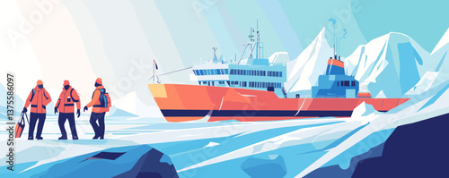 Antarctic expedition with icebreaker ship and team in winter landscape vector.