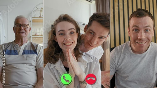 Three family members are enjoying a split screen online call, sharing smiles and laughter. Each person is in a different location, enhancing their connection despite the distance.