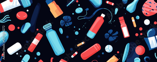 Colorful bottles and capsules pattern on dark background - vector.