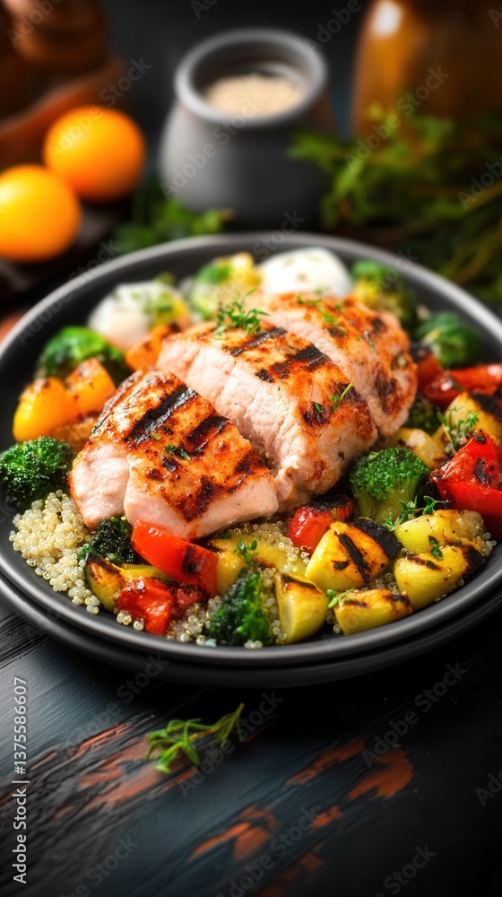Grilled Chicken Breast Served on a Bed of Colorful Vegetables and Quinoa in a Bowl Grilled Chicken Breast Served on a Bed of Colorful Vegetables and Quinoa in a Bowl