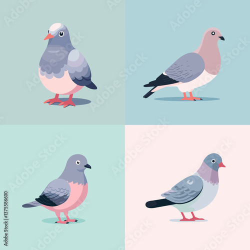 Cute cartoon pigeons in various poses with pastel-colored backgrounds. Perfect for bird-themed illustrations, urban wildlife designs, or playful animal graphics for kids.

