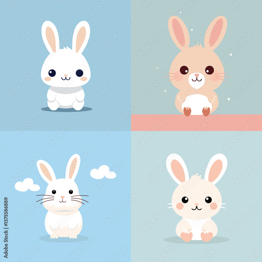 Fototapeta premium Cute cartoon rabbits in various poses with pastel-colored backgrounds. Perfect for Easter themes, spring designs, children's illustrations, or cute animal graphics.