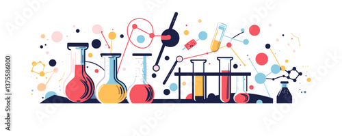 Laboratory equipment with scientific icons and molecule structures - vector.