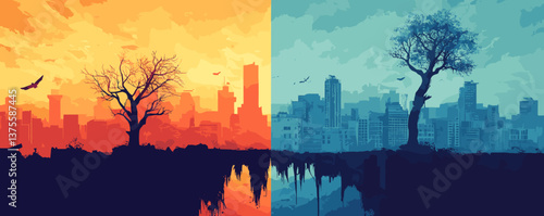 Dual cityscape transformation: day to night urban scene with trees - vector.