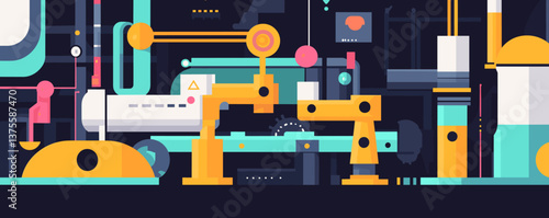 Futuristic industrial factory with abstract machinery and geometric shapes, dark background - vector.