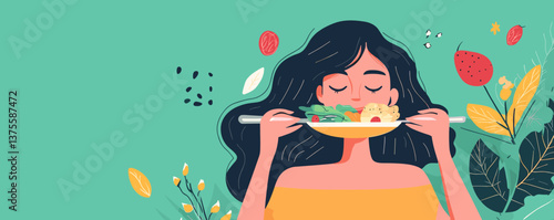 Woman enjoying fresh salad amidst leaves and ingredients on green background - vector.