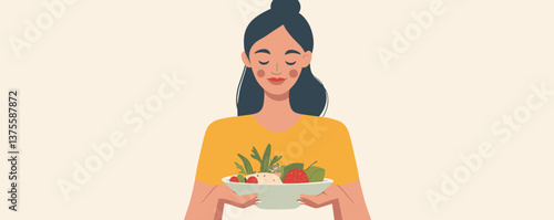 Woman holding salad bowl with vegetables and fruits, smiling asian female, healthy eating concept, vector.