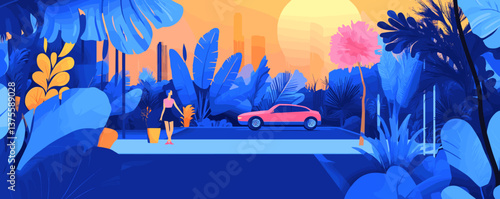 Vibrant tropical sunset scene with woman and car in lush jungle setting - vector.
