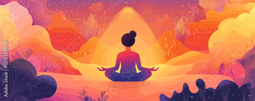 Tranquil meditation at sunset with mountains and stars in a surreal landscape – vector.