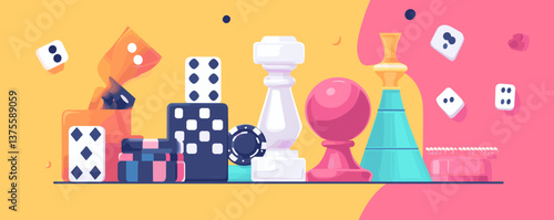 Colorful board game elements with dice, chips, and chess pieces - vector.