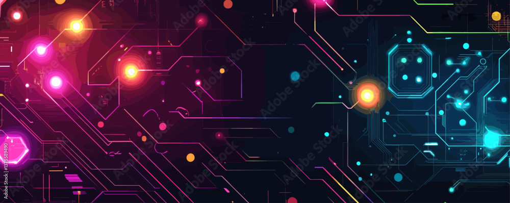 Fototapeta premium Futuristic circuitry: abstract digital network with neon circuits and glowing nodes - vector.