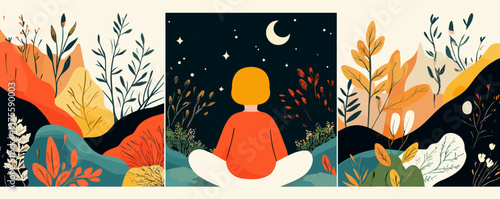 Person meditating under night sky surrounded by nature in vibrant colors - vector.