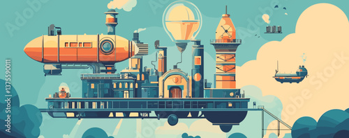 Retro futuristic airship dock with buildings and zeppelins in the sky - vector.