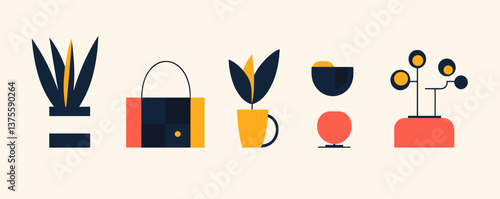 Abstract geometric plant and object art in mid-century modern style vector.