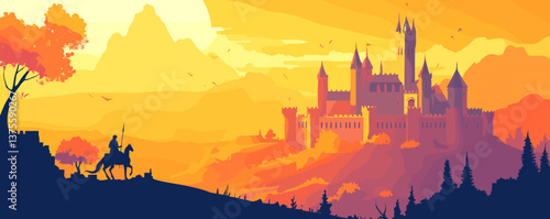 Knight on horseback approaching a castle at sunset with mountains in background, vector.