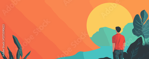 Sunset landscape with man viewing tropical scenery and mountains, minimalist art - vector.