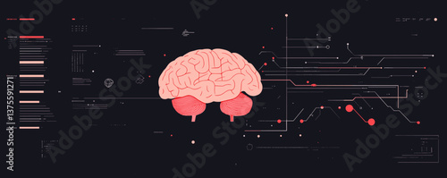 Abstract graphic of brain and neural network connections in dark background vector.