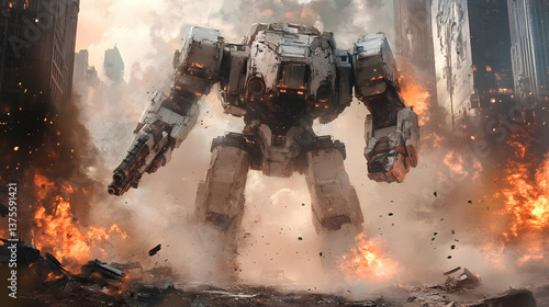 A colossal mech stomps through a burning cityscape, its metallic form a stark contrast to the fiery chaos, amidst a smoky haze and crumbling buildings.